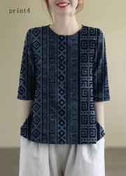 French Print4 O-Neck Embroidered Cotton Blouses Half Sleeve