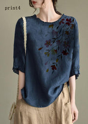 Handmade Navy-print4  lantern Sleeve O-Neck Embroideried Summer Ramie Blouses