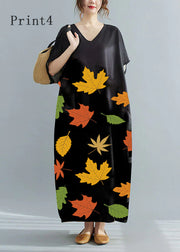 Loose Black-print2 V Neck Oversized Leaf Print Chiffon Long Dress Short Sleeve