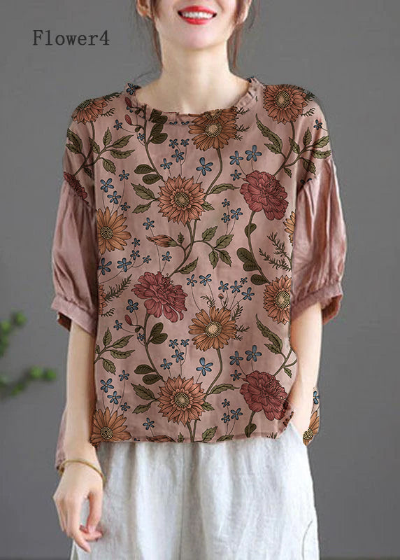 Modern Pink-Flower3 Regular Embroideried Summer Floral Half Sleeve