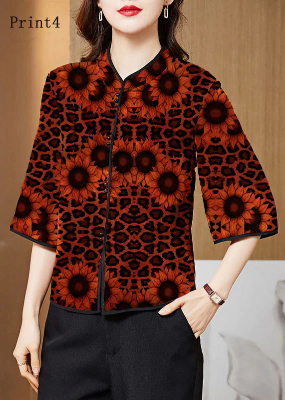 Vintage black Mandarin Collar Print Silk Shirt Tops Half Sleeve