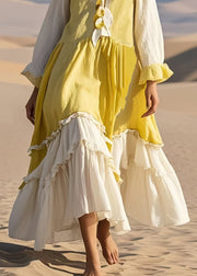 Handmade Yellow Ruffled Patchwork Cotton Long Dress Spring