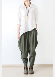 2024 autumn tea green linen pants oversized cotton harem pants trousers