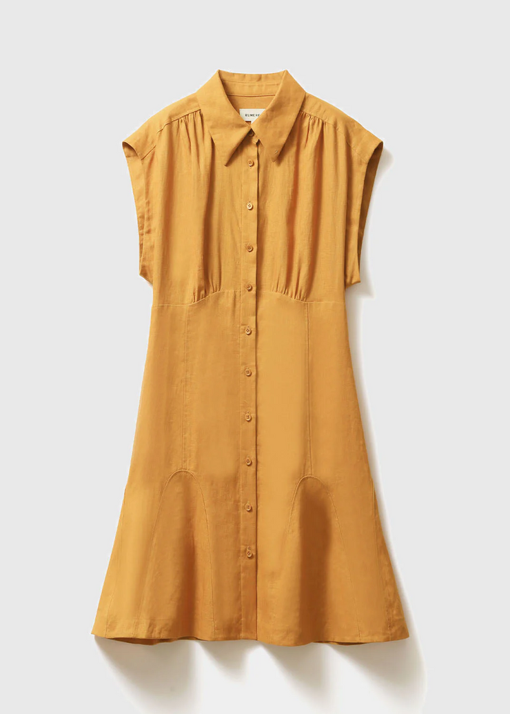 Grace Solid Yellow Peter Pan Collar Patchwork Wrinkled Linen Maxi Dresses Sleeveless