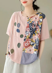 Loose Yellow O Neck Print Patchwork T Shirts Cotton Summer