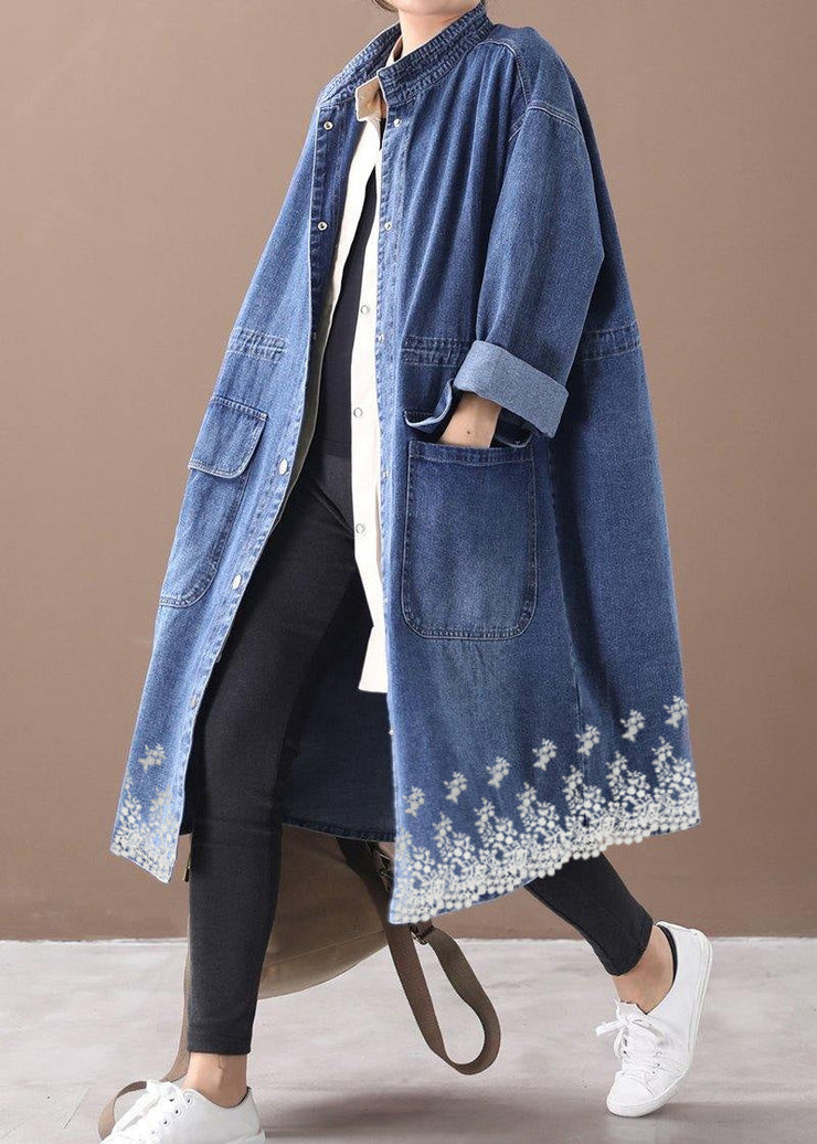 French denim blue-sunflower Plus Size box coat Shape stand collar drawstring coat