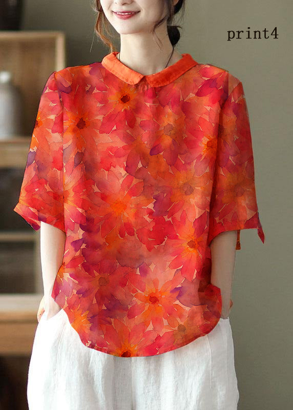 DIY Orange Print Ramie Half Sleeve Shirt Summer