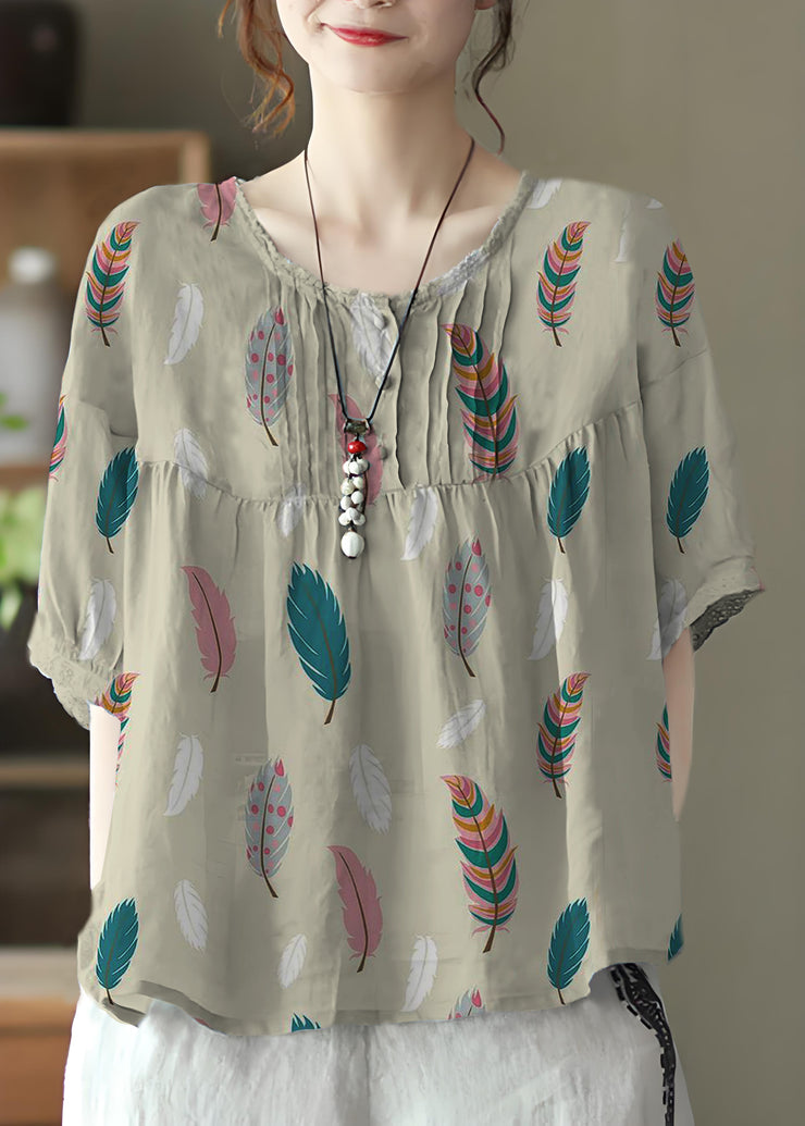 Plus Size Purple flowers Grey Button Linen Tops Half Sleeve