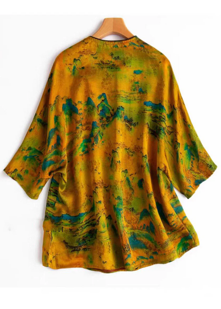 Grace Yellow O-Neck Button Print Silk T Shirt Half Sleeve