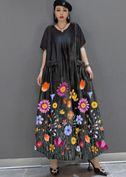 loose white -flower O-Neck Print Satin Maxi Dress Summer