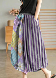 Color Stripes Elastic Waist Linen Wide Leg Pants