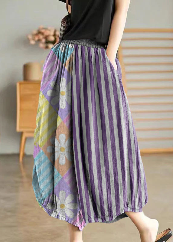 Color Stripes Elastic Waist Linen Wide Leg Pants