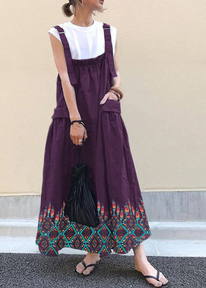 Style Purple geometry Oversized Pockets Exra Large Hem Cotton Strap Dresses Spring