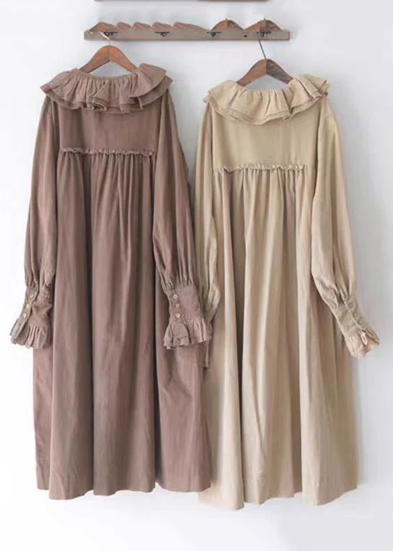 Grace Size Khaki Ruffled Button Corduroy Long Dresses Spring