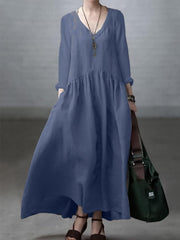 Simple and Loose V-neck Cotton and Linen Dress - SooLinen