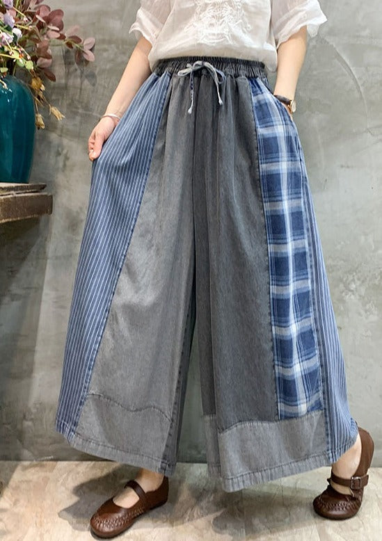 Casual Drawstring Elasticity Plaid Split-Joint Ninth Denim Pants