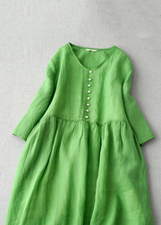 Grace Green V Neck Solid Linen Long Dress Bracelet Sleeve