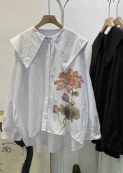 Bohemian white-lotus Peter Pan Collar Button asymmetrical design Fall Long sleeve Top