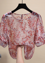 Grace Red O-Neck Ruffled Print Chiffon Shirt Top Short Sleeve