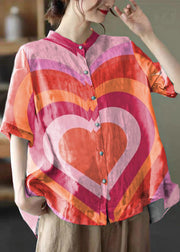 Elegant Colorful hearts Stand Collar Print Tops Half Sleeve