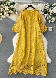 French Yellow O Neck Hollow Out Lace Dresses Grace