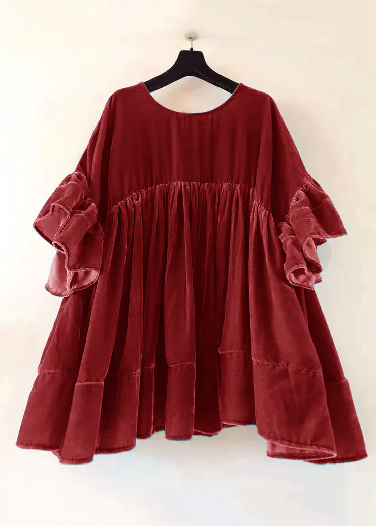 Plus Size Brown Wrinkled Patchwork Velour Short Dress Butterfly Sleeve