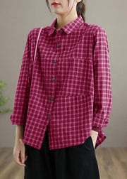 Loose Lapel Patchwork Spring Blouse Sleeve Brown red Plaid Top