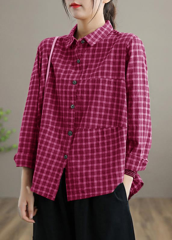 Loose Lapel Patchwork Spring Blouse Sleeve Blue Plaid Top