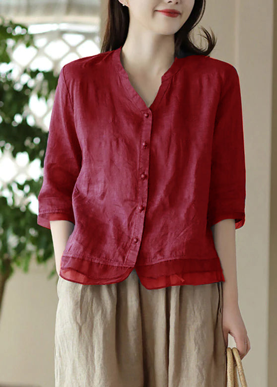 Casual Red V Neck Embroidered Solid Ramie Shirt Half Sleeve