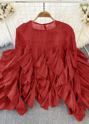 Red O-Neck Ruffled Patchwork Button Silk Top Long Sleeve