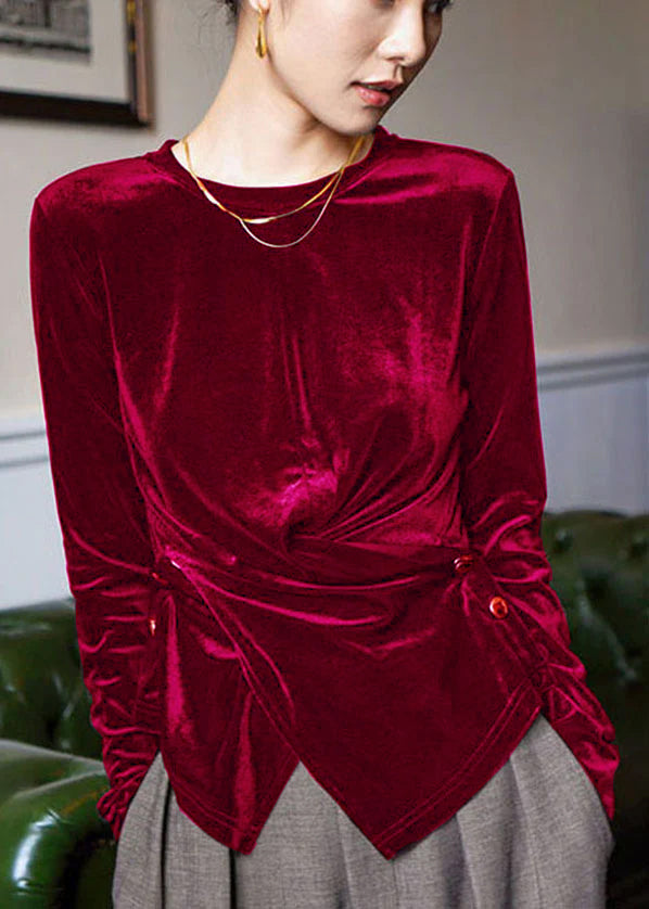 Red Silk Velour Blouses Asymmetrical Button Long Sleeve
