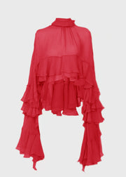 Fashion Stand Collar Ruffled Patchwork Chiffon Shirt Long Sleeve