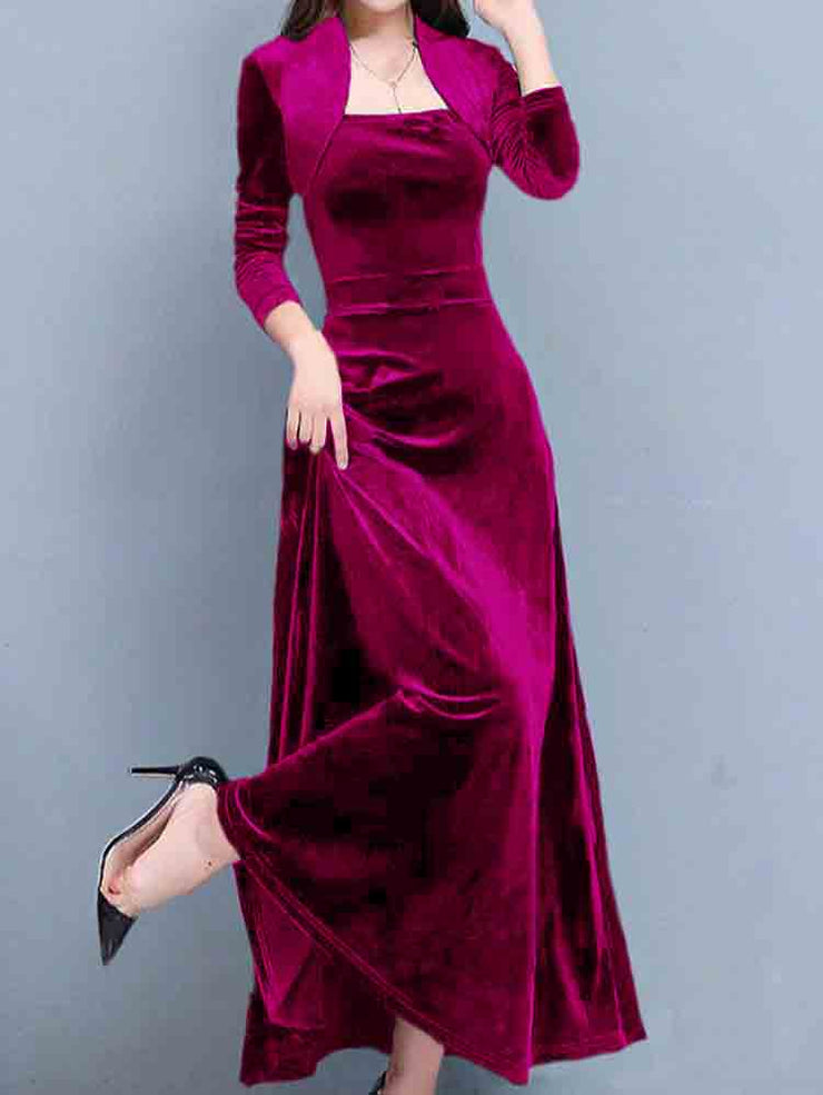 Red Retro Three-quarter Sleeve Golden Velvet Maxi Dress