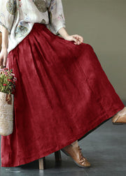 Women red Print Ramie Elastic Waist Skirt