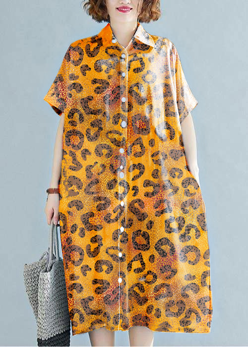 Modern lapel Cotton clothes For Women Work Outfits brown leopard print Dress