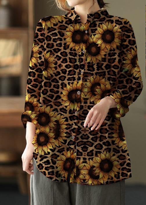 Unique Lapel Patchwork Spring Tunic Pattern Photography brown leopard Print Blouse