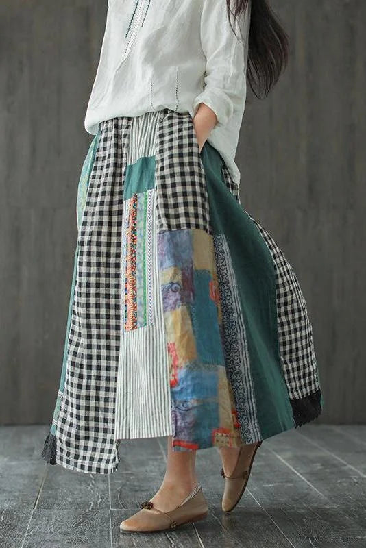 Casual 100% linen A-line skirt with irregular print stitching