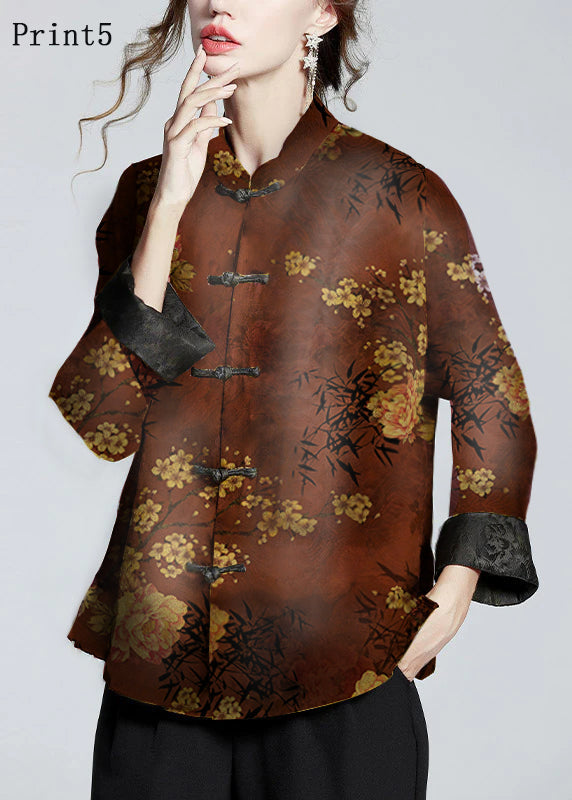 Chinese Style Print7 Stand Collar Button Print Silk Coats Long Sleeve