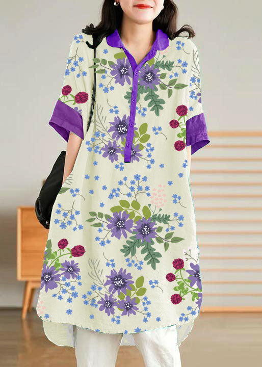 Jade purple-pumpkin stripes polka dots Linen Women Casual Linen Shirt Dress