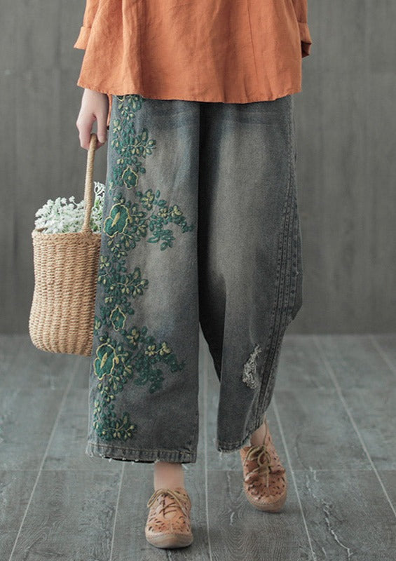 Original Embroidered Wide-Leg Column Denim Pants