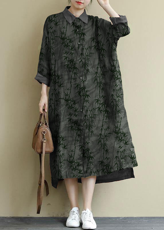 green plaid Linen Shirt Dress Casual Oversize Spring Maxi Dresses