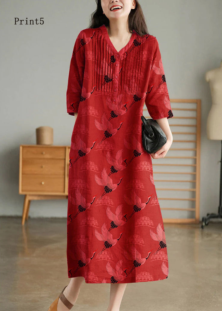 Print5 Loose Linen Long Dresses Button Solid Half Sleeve