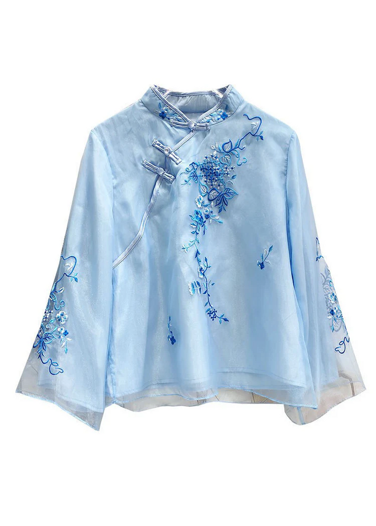 Grace Style Blue Stand Collar button Tops flare sleeve