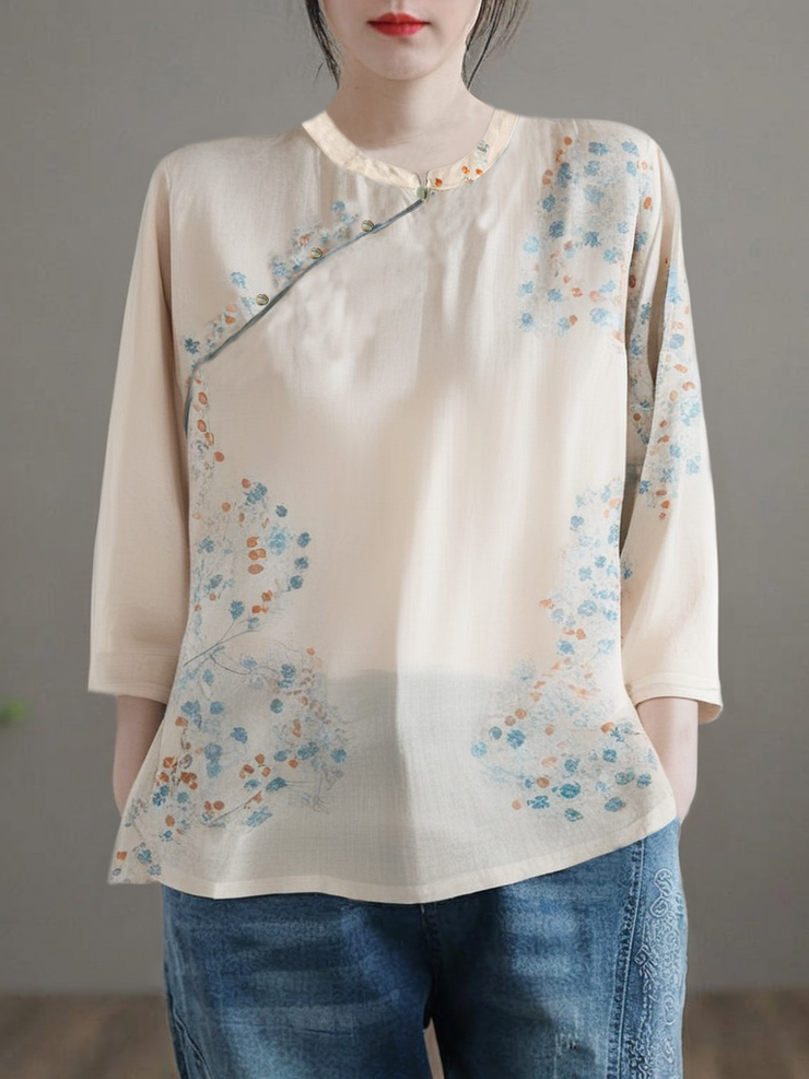 Grace Apricot Stand Collar Print Cotton Shirt Half Sleeve