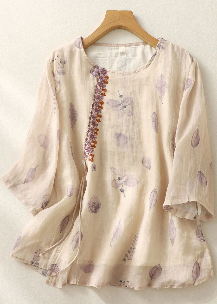 Grace Beige Stand Collar Print Linen Tops Summer