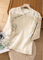 Grace Apricot Stand Collar Print Cotton Shirt Half Sleeve