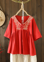 Grace Red V Neck Embroideried Lace Up Wrinkled Patchwork Linen Tops Short Sleeve