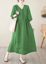 Chic Green V Neck Plaid Patchwork Button Linen Maxi Dresses Summer