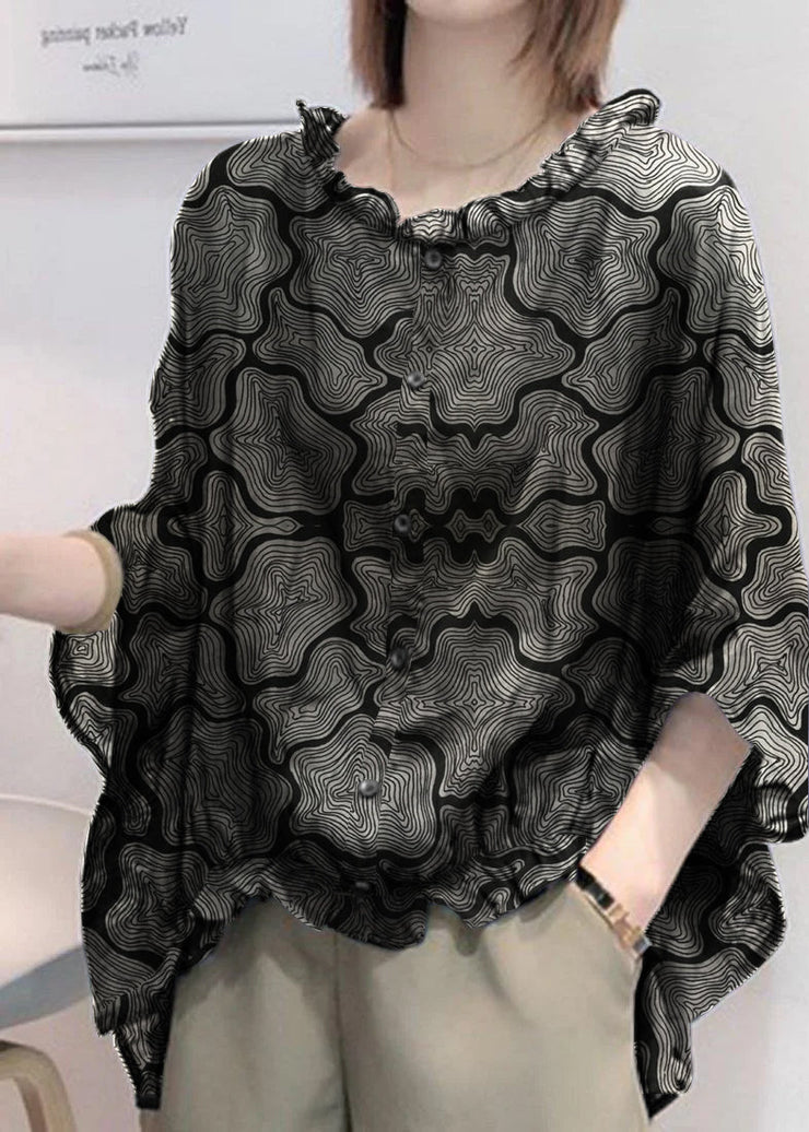 Art Black print Tops Ruffles Trim Half Sleeve Shirts Blouse Plus Size
