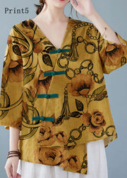 Yellow-Print3 Button Shirt Tops Asymmetrical Half Sleeve